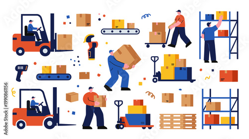 Warehouse logistics and delivery operations with workers using forklifts and conveyor belts for efficient package handling and storage