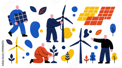 Sustainable energy concept with people installing solar panels and wind turbines promoting green technology and renewable resources for a cleaner future