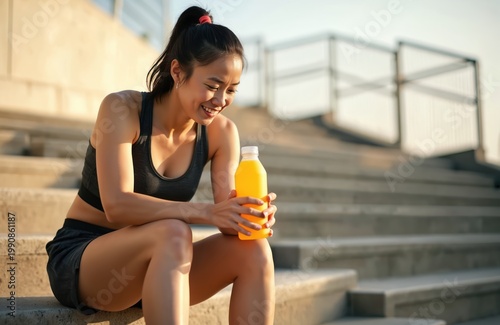 Asian woman athlete with ponytail holds orange drink bottle sitting on stadium stairs after workout. Looks refreshed, happy, enjoying break from intense exercise, activity. Hydration key for recovery.