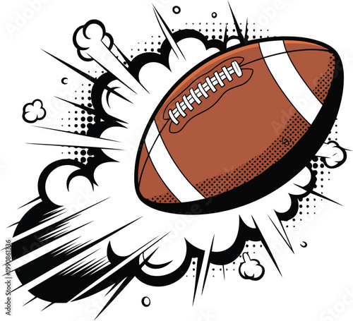 A comic style illustration of a speeding american football with motion lines