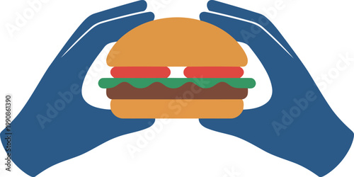 Hands gently holding a colorful cartoon burger illustration flat design