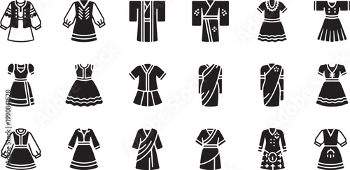 Traditional clothing icons, black and white, 20 dress and shirt illustrations, vector fashion elements