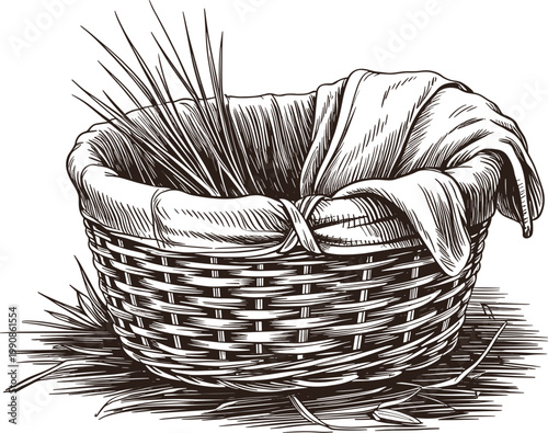 Canvastavla Wicker basket with cloth and hay vintage engraving rustic storage container farm