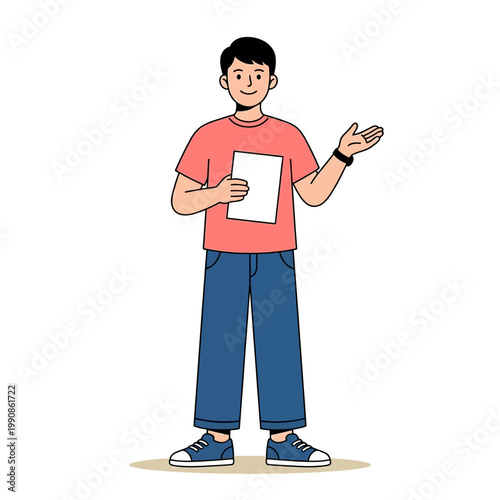 Illustration of a young man holding a document and gesturing with his hand, a confident presenter or educator