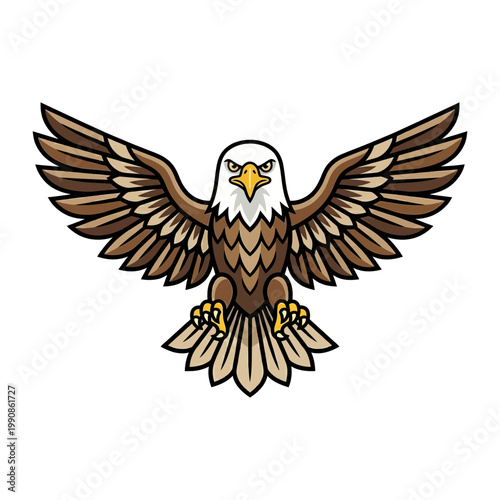 Stylized illustration of a majestic bald eagle with wide-spread wings, embodying strength and freedom, perfect as a powerful mascot or dynamic graphic design element for various projects