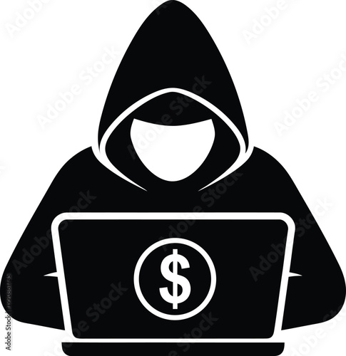 Financial cybercrime hacker silhouette with laptop money symbol digital fraud concept icon