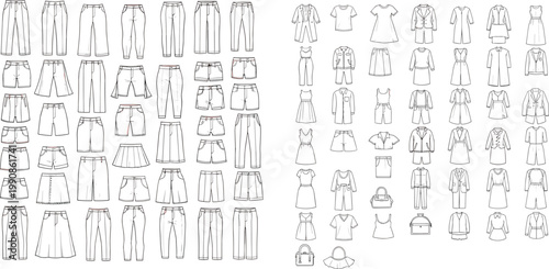 Fashion, clothing, collection, apparel, garments, wardrobe, outfits, pants, dresses, accessories, vector, illustration, set, isolated, modern, design, casual, formal, style, essentials