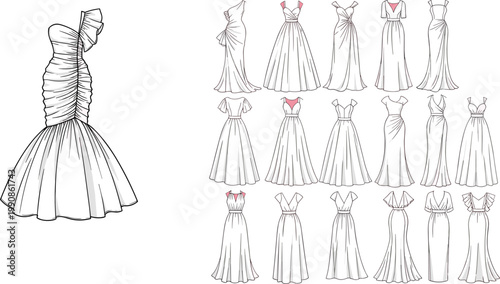 Elegant, evening, dresses, collection, fashion, gowns, apparel, garments, women, formal, vector, illustration, set, isolated, stylish, modern, design, luxury, wardrobe, beauty