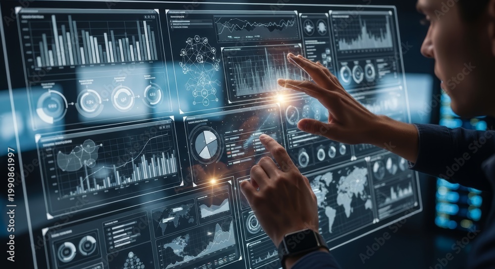 Fototapeta premium Professional Interacting with Futuristic Digital Dashboard for Advanced Data Analytics and Business Intelligence on Transparent Screen Technology