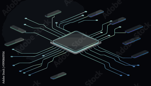 Microchip with glowing circuit lines.