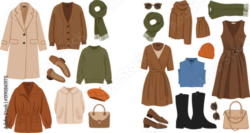 Set of Autumn and Winter Women Outfit Illustrations Featuring Cozy Sweaters, Coats, Dresses, Boots, and Accessories in Flat Fashion Style Isolated on White Background