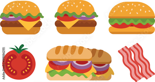 Colorful cartoon illustration depicting burgers tomato hotdog and bacon