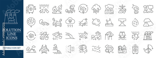 Environmental Pollution Line Icons Set, Air Water Waste Climate Change Ecology Outline Vector Collection Editable Stroke
