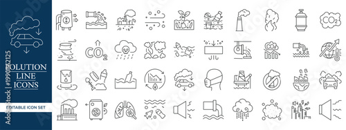 Environmental Pollution Line Icons Set, Air Water Waste Climate Change Ecology Outline Vector Collection Editable Stroke