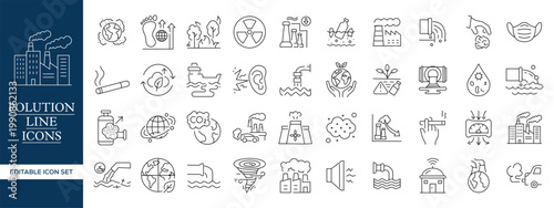 Environmental Pollution Line Icons Set, Air Water Waste Climate Change Ecology Outline Vector Collection Editable Stroke