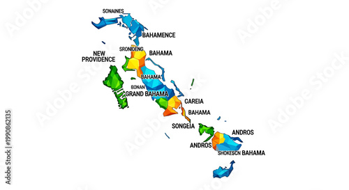 Map of The Bahamas Islands with Districts Labeled.