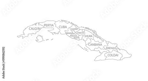 Outline map of Cuba with provinces and labels.