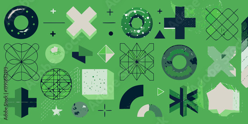 Abstract geometric shapes in varying shades of green on a green background