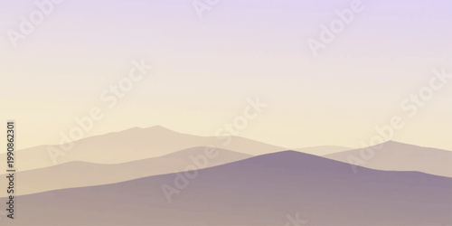 A serene minimalist landscape painting capturing the majestic silhouette of distant mountain ranges under a soft, gradient sky, evoking tranquility and boundless space.