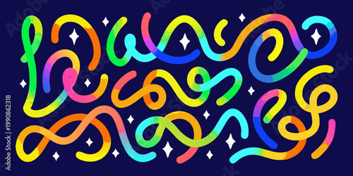 Colorful abstract swirls and shapes against a deep blue background