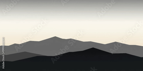 A minimalist graphic illustration of layered mountains against a neutral gradient sky. 