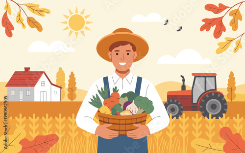 A smiling farmer proudly displays a bountiful harvest of fresh produce