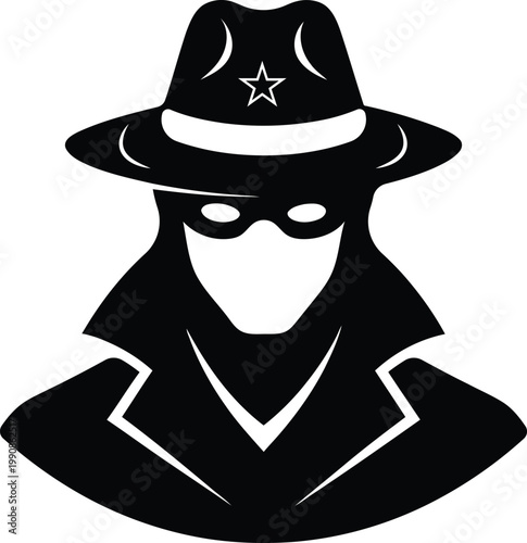 Mysterious detective silhouette with hat mask and secret agent spy concept design