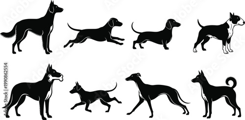 Dog Silhouette Collection Vector Set Featuring Different Breeds Including Dachshund Greyhound and Terrier in Standing Running and Playing Poses Isolated Black Icons