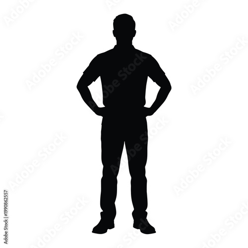 Silhouette of a man standing with hands on hips isolated on white background