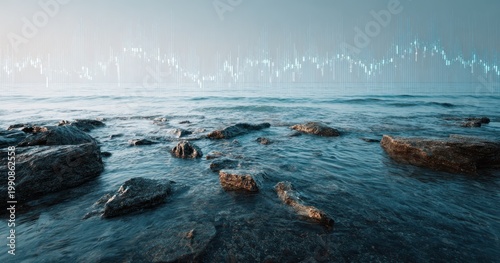Ocean view with rocky shorelines and financial data overlay concept art