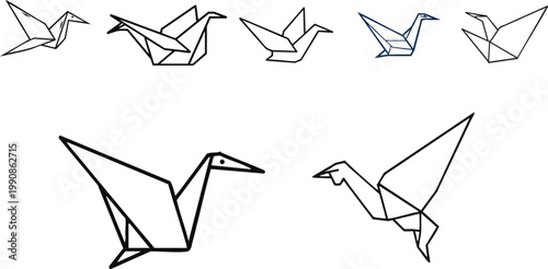 Vector Icon of an Origami Crane in Flight in Outline Style, Minimal Line Art Design, Isolated on White Background, Paper Craft and Peace Symbol Illustration