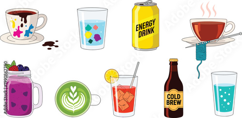 Assorted Beverage Vector Icon Set Featuring Energy Drink Cold Brew Coffee Matcha Latte Berry Smoothie Tea and Colorful Iced Water for Lifestyle Graphic Designs