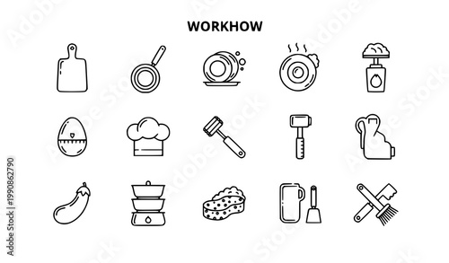 Minimal kitchen cooking and cleaning icon vector set with pan spoon timer sponge and hygiene workflow design