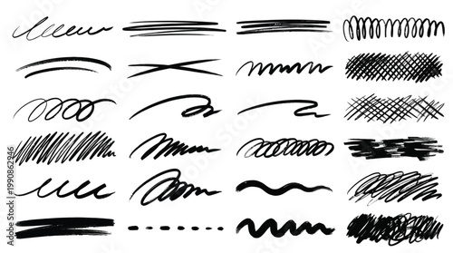 A collection of various black ink strokes and scribbles on a white background