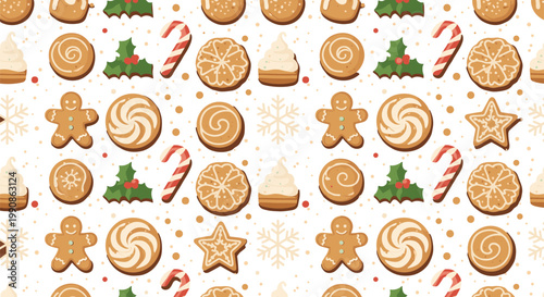 Christmas Gingerbread Cookie Seamless Pattern with Candy Cane, Holly, Snowflake, Star, and Festive Swirl for Holiday Bakery and Wrapping Designs