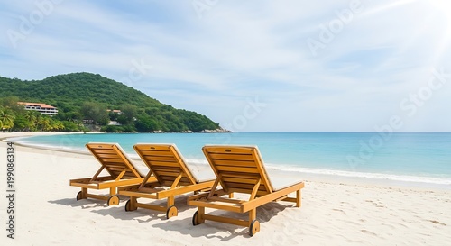 three wooden beach chairs on sandy shore by calm ocean