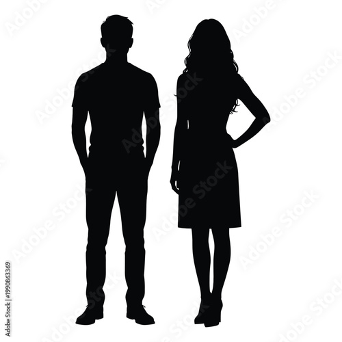 Silhouette of a man and woman standing side by side isolated on white background