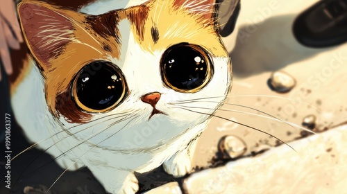 Close-up of a digitally rendered kitten with large eyes.