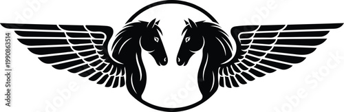 Winged horse silhouette logo design with symmetrical pegasus and modern emblem style