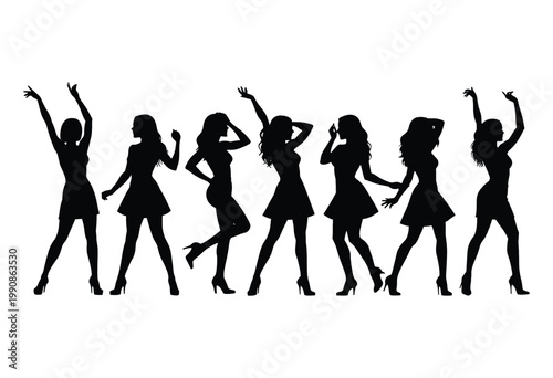 Seven black silhouettes of women dancing isolated on white background