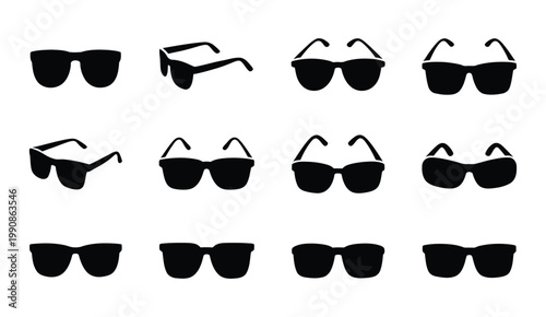 Black sunglasses silhouettes, various modern fashion eyewear outline icons for branding, advertising, and graphic design