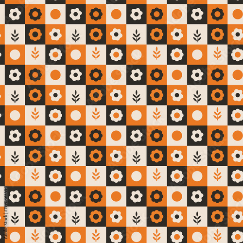 Retro Checker Floral Seamless Pattern with Orange Accent Mid Century Style