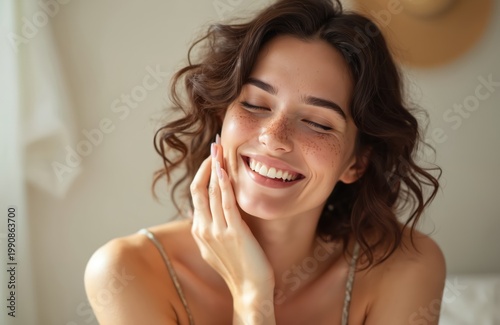 Young woman with freckles smiles happily. Her eyes are closed, and her hand gently touches her cheek. She has curly brown hair and wears a simple dress.