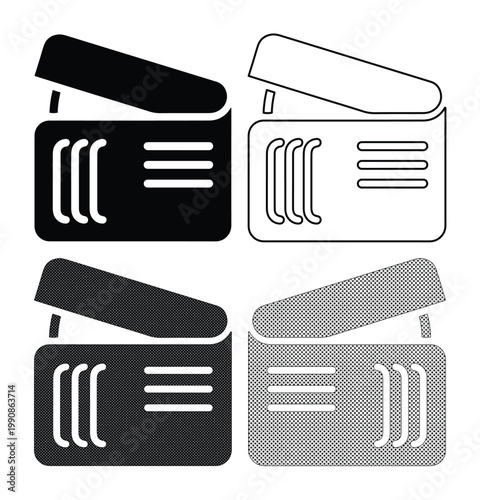 Clapperboard icon set, film production slate vector collection, movie clapper symbol for cinema and video editing, black and white graphic resources isolated on White Background