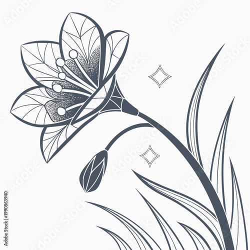 A flower with a bud and leaves on a stem