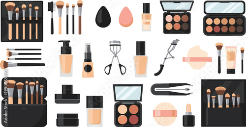 
Professional Makeup and Cosmetics Tool Set with Brushes, Foundation, Eyeshadow Palette, Sponge, Mirror, and Beauty Accessories Collection