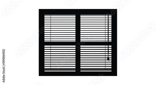 Black and white illustration of a window with horizontal blinds