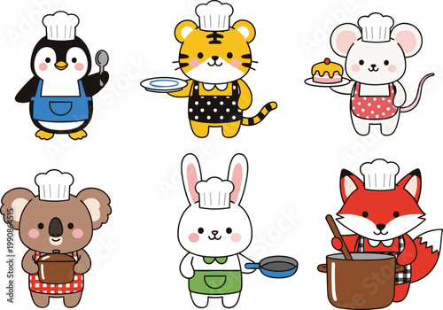 Cartoon chef animal vector illustration featuring penguin, tiger, mouse, koala, rabbit, and fox cooking with kitchen tools