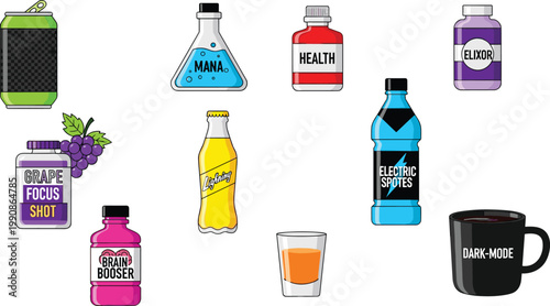 Gaming Energy Drink and Magic Potion Bottle Vector Icon Set Featuring Mana Health Elixir Brain Booster and Electric Sports Liquid Containers for Digital Media