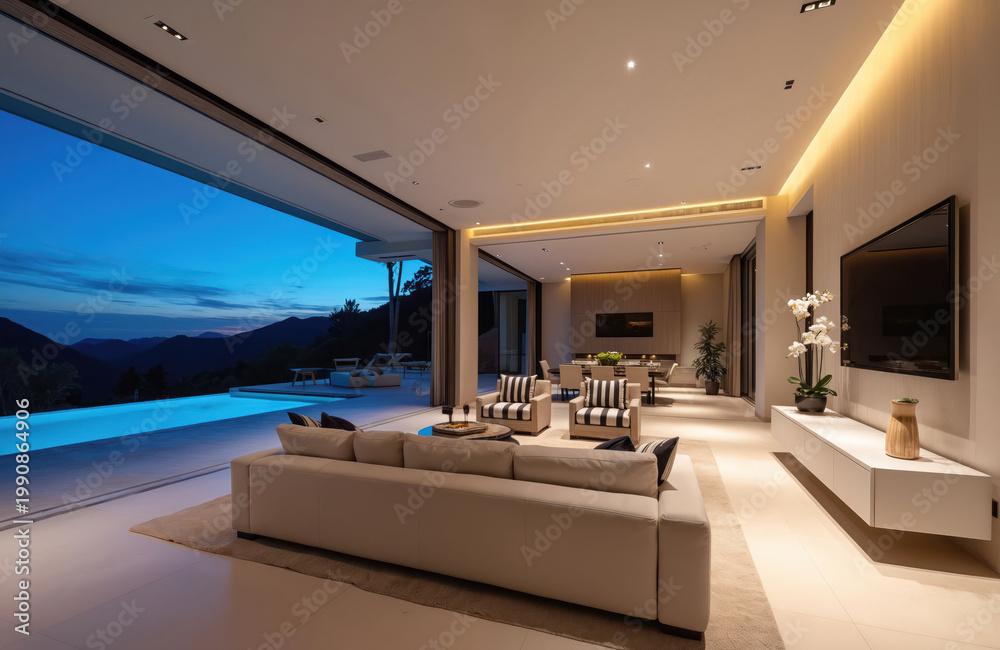 Obraz premium Spacious modern villa with infinity pool at twilight. Luxury open plan living area and dining space. Mountain landscape visible through large glass doors.